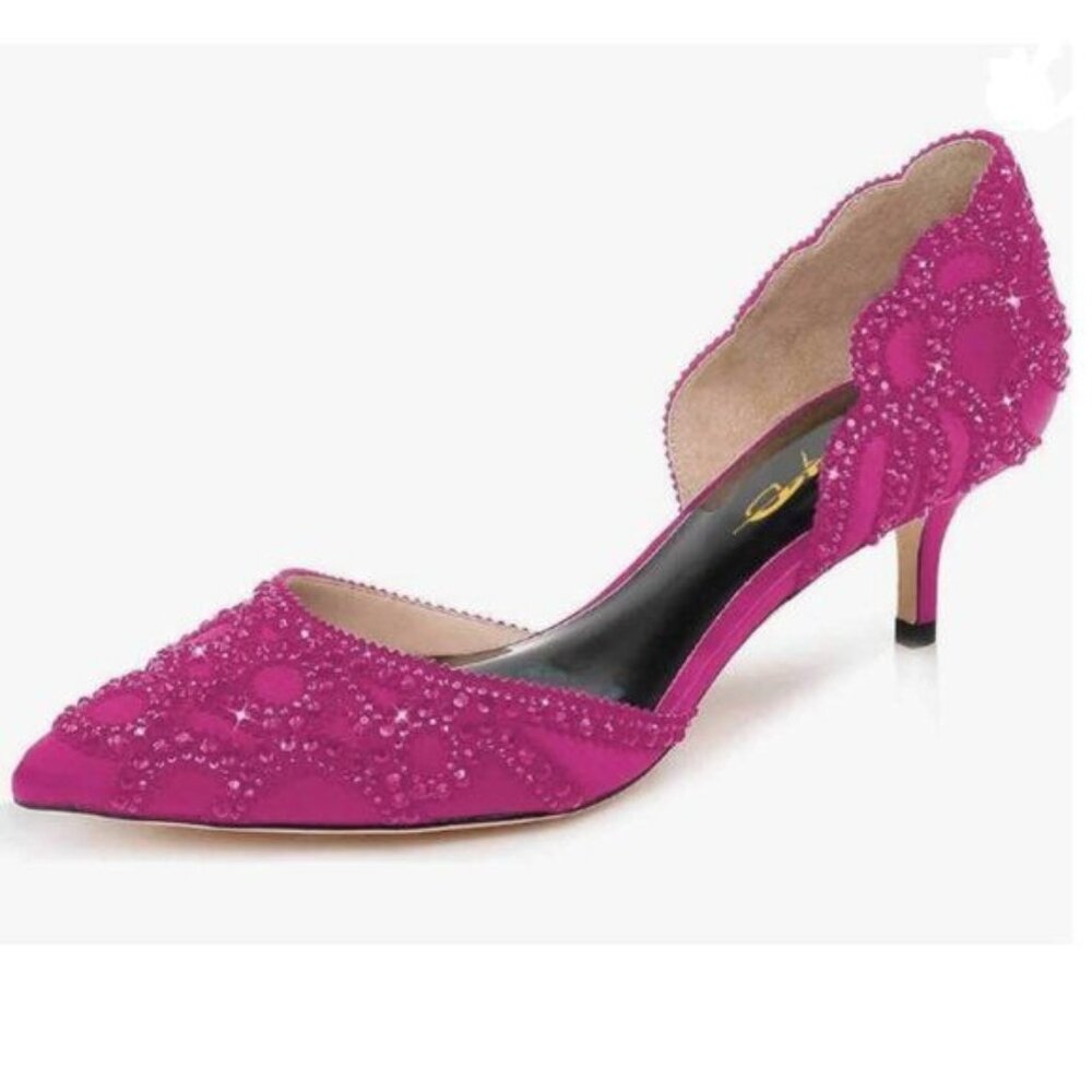 XYD Fuchsia Pointed Toe D'Orsay Kitten Heel Rhinestone Stud Pump Slip-On Shoes